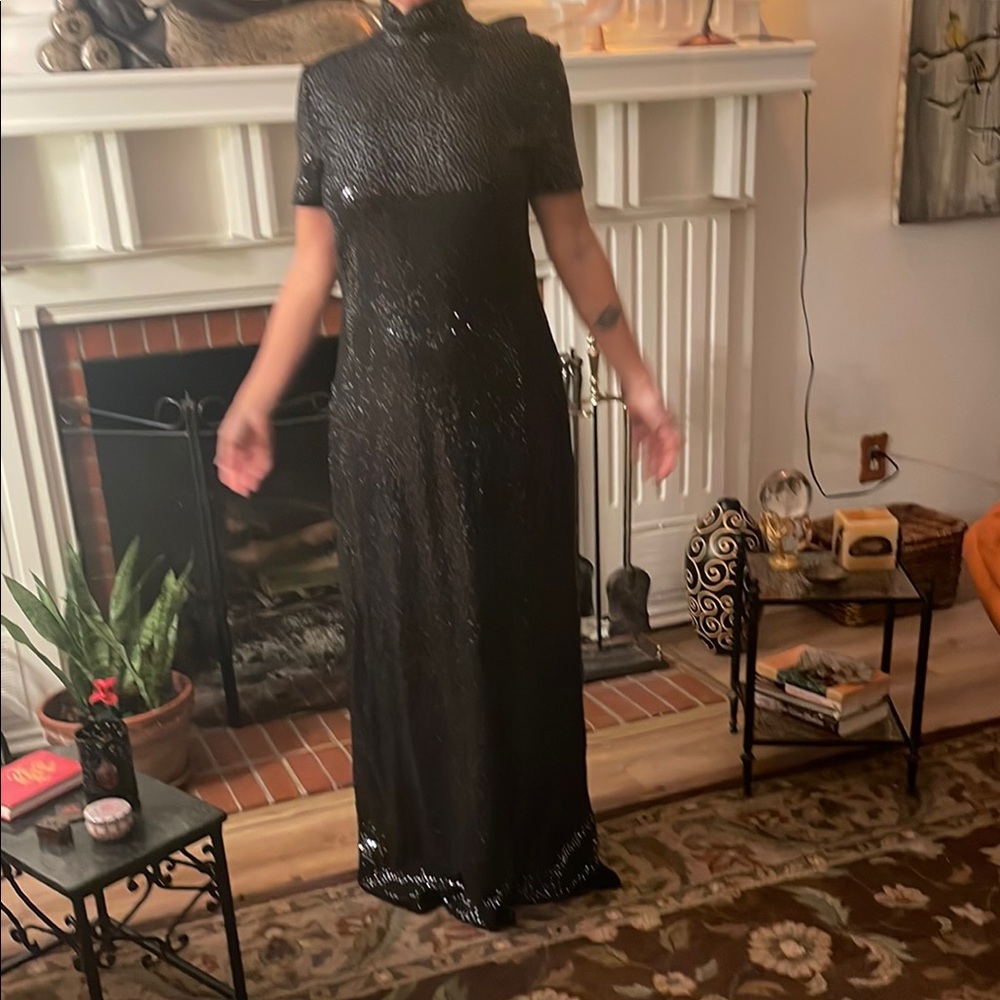 St John Evening by Marie Gray. Vintage sequined long black gown.